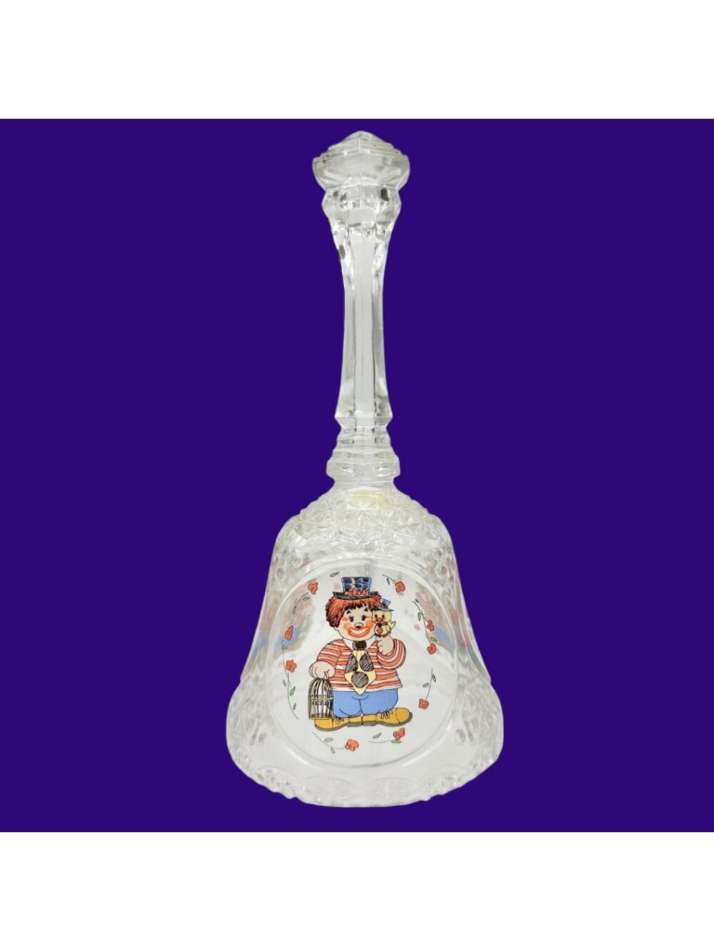 Vintage Crystal Glass Bell Painted Clown Design Floral Details Collectible 8"H